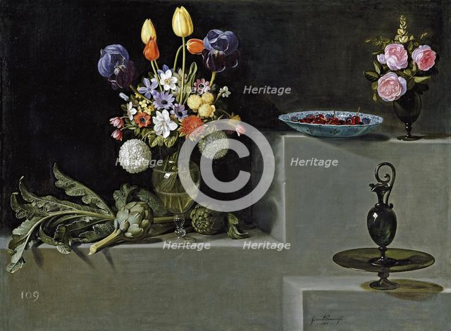 Still life with Artichokes, Flowers and glass Vessels, 1627. Creator: Juan van der Hamen y León.