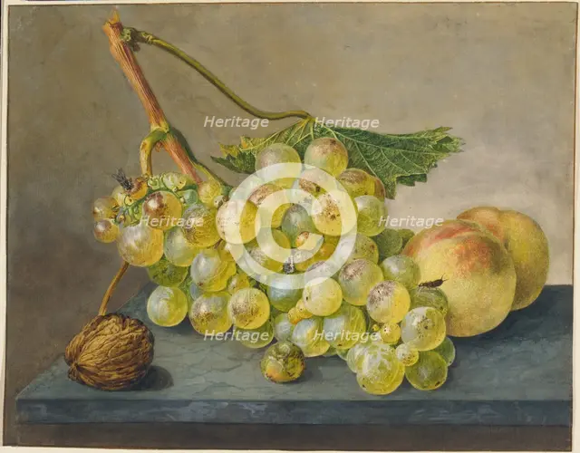 Still Life with Bunch of Grapes, Walnut and Peaches,  c1765-1800. Creator: Wybrand Hendriks.