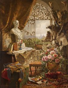 Still life with bust of Crown Prince Rudolf, 1890. Creator: Hugo Charlemont