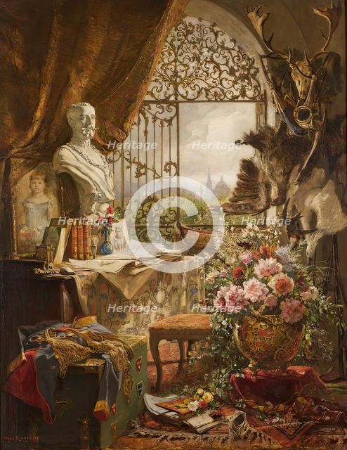 Still life with bust of Crown Prince Rudolf, 1890. Creator: Hugo Charlemont.