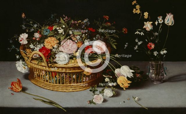 'Still Life with Basket and Vase of Flowers', c1620. Creator: Jan Brueghel the younger.