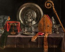 Still life with Bishop Insignia and silver, First Half of 17th cen.. Creator: Barbieri; Paolo Antonio (1603-1649)