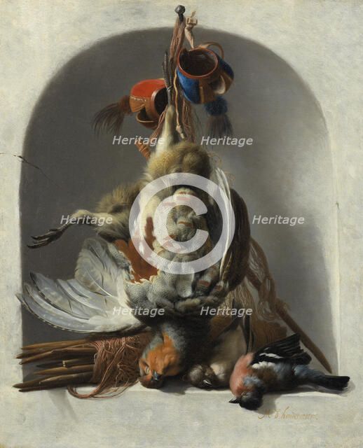 Still Life with Birds and Hunting Gear in a Niche,  c.1633. Creator: Melchior d'Hondecoeter.