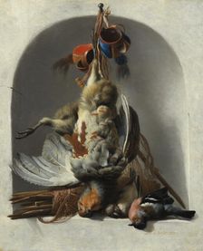 Still Life with Birds and Hunting Gear in a Niche, c.1633. Creator: Melchior d'Hondecoeter