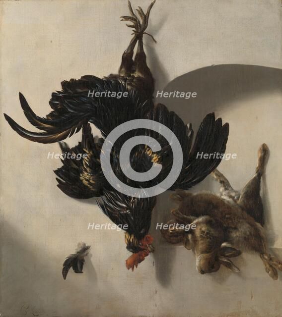 Still Life with Black Rooster and two Rabbits, 1659. Creator: Cornelis Lelienbergh.