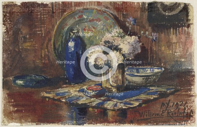 Still life with blue bottle and vase of flowers, 1921. Creator: Willem Elisa Roelofs.