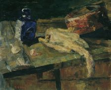 Still life with blue bottle and plucked chicken, c1910. Creator: James Ensor