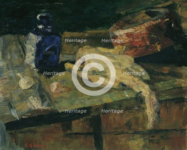 Still life with blue bottle and plucked chicken, c1910. Creator: James Ensor.