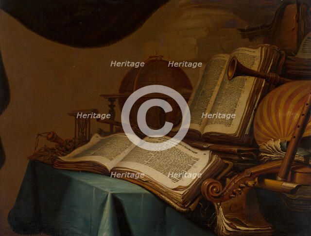 Still Life with Books, a Globe and Musical Instruments, 1660. Creator: Jan Vermeulen.
