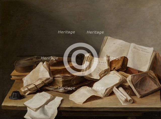 Still Life with Books and a Violin, 1628. Creator: Jan Davidsz de Heem.