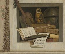 Still Life with Books, Sheet Music, Violin, Celestial Globe and an Owl, 1645-1650. Creator: Jacob van Campen