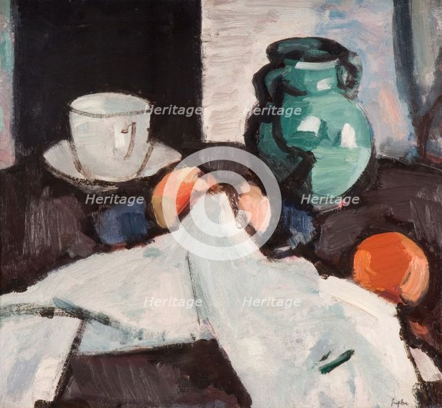 Still Life with Bowl of Fruit, Jug, Cup and Saucer, 1927-29. Creator: Samuel John Peploe.