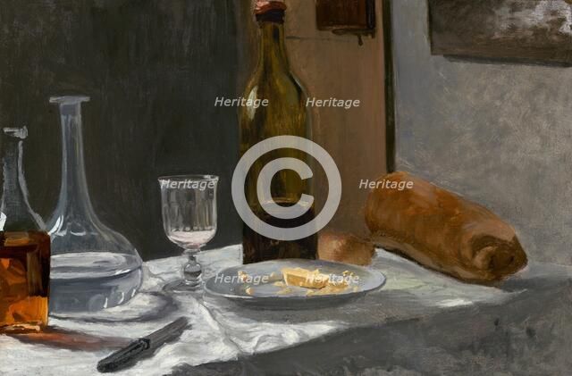 Still Life with Bottle, Carafe, Bread, and Wine, c. 1862/1863. Creator: Claude Monet.