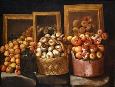 Still life with bottle, fruit, vegetables and three mirrors, First Half of 17th cen.. Creator: Barbieri; Paolo Antonio (1603-1649)