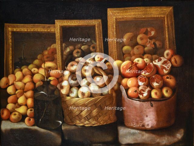 Still life with bottle, fruit, vegetables and three mirrors, First Half of 17th cen.. Creator: Barbieri; Paolo Antonio (1603-1649).