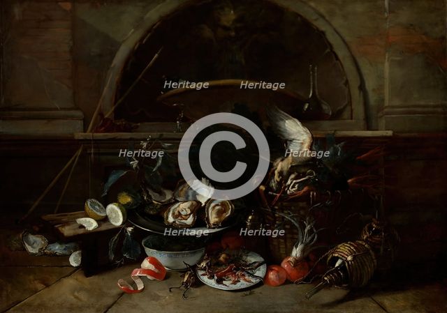 Still Life with Bottles and Oysters, c1700. Creator: Niccolino van Houbraken.
