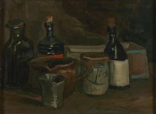 Still life with bottles and pottery