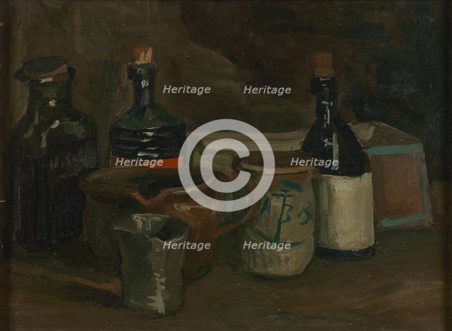 Still life with bottles and pottery.