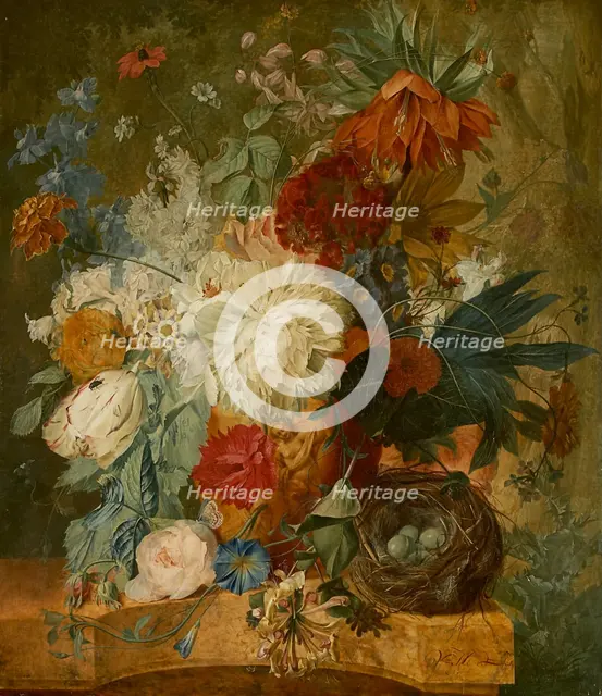 Still Life with Bouquet of Flowers and Bird's Nest, 1776. Creator: Wybrand Hendriks.