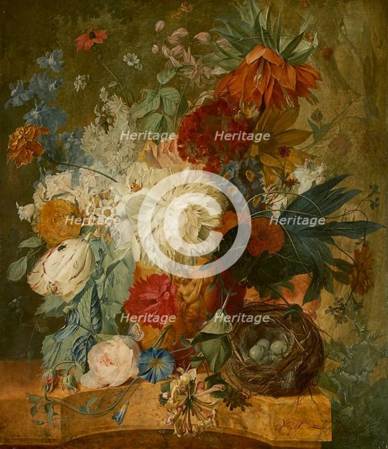 Still Life with Bouquet of Flowers and Bird's Nest, 1776. Creator: Wybrand Hendriks.