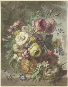 Still Life with Bouquet of Flowers and Bird’s Nest before a Park Landscape, 1802. Creator: Willem van Leen