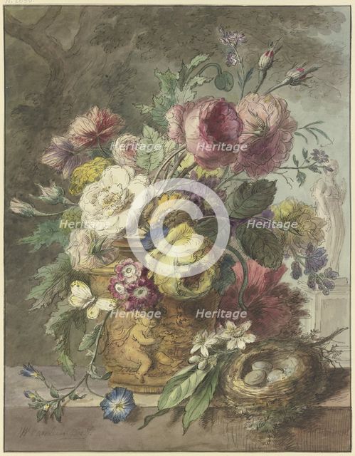 Still Life with Bouquet of Flowers and Bird’s Nest before a Park Landscape, 1802. Creator: Willem van Leen.