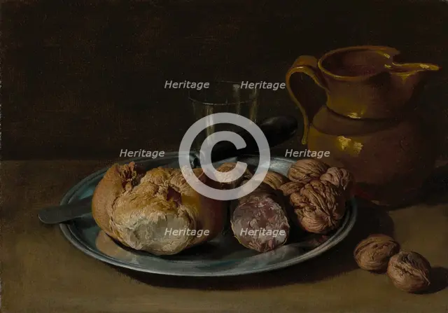 Still Life with Bread, Salami, and Nuts, about 1750-1760. Creator: Giacomo Ceruti.