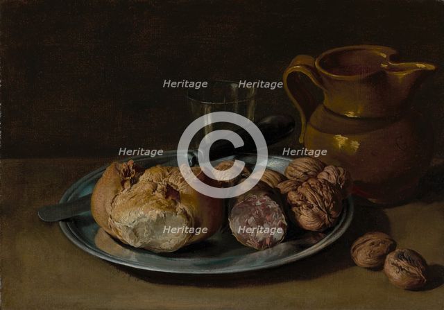 Still Life with Bread, Salami, and Nuts, about 1750-1760. Creator: Giacomo Ceruti.