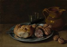 Still Life with Bread, Salami, and Nuts, about 1750-1760. Creator: Giacomo Ceruti