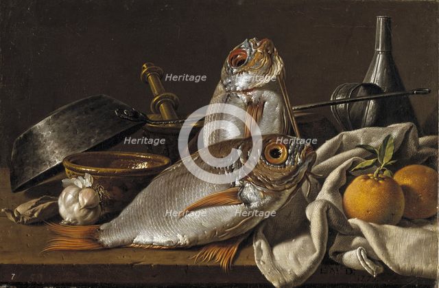 Still Life With Bream, Oranges, Garlic and Kitchen Utensils, 1772. Artist: Meléndez, Luis Egidio (1716-1780)