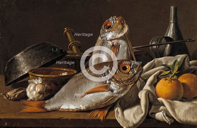 Still Life with Breams, Oranges, Garlic, Condiments, and Kitchen Utensils, 1772. Creator: Luis Meléndez.