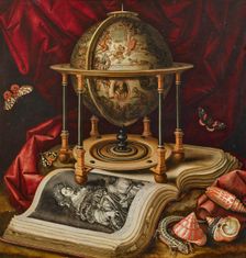 Still life with celestial globe, open book, shells, lizard and butterflies, First Half of 17th cen. Creator: Carstian Luyckx