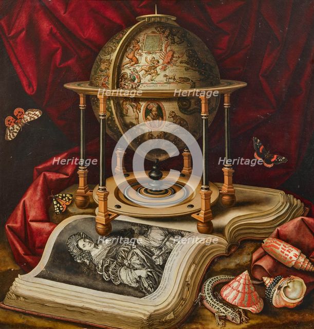 Still life with celestial globe, open book, shells, lizard and butterflies, First Half of 17th cen. Creator: Carstian Luyckx.