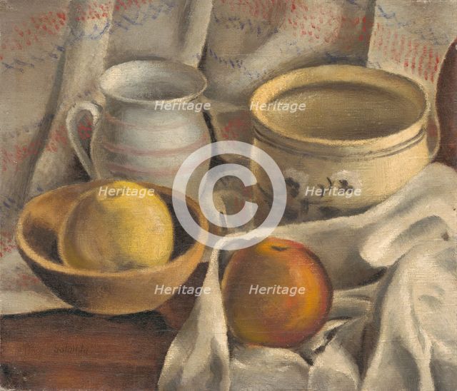 Still Life with Ceramic Pots and Apples, 1925-1927. Creator: Mikulas Galanda.