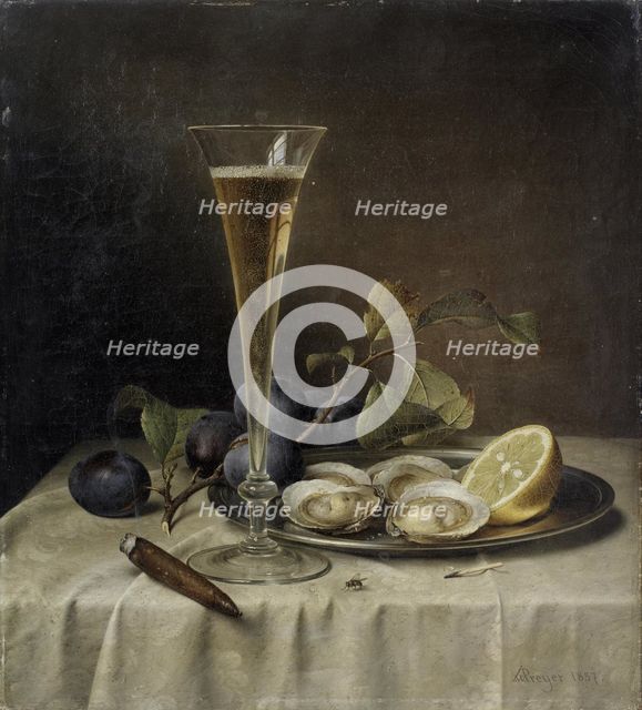 Still life with champagne and oysters , 1857. Creator: Preyer, Johann Wilhelm (1803-1889).