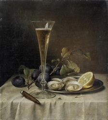 Still life with champagne and oysters , 1857. Creator: Preyer, Johann Wilhelm (1803-1889)