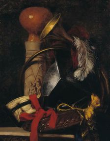 Still life with chalice, horn, feathers and belt, 1864. Creator: Ivar Kaskas