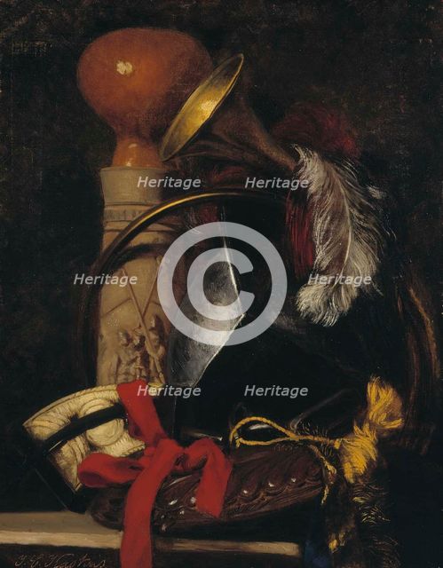 Still life with chalice, horn, feathers and belt, 1864. Creator: Ivar Kaskas.