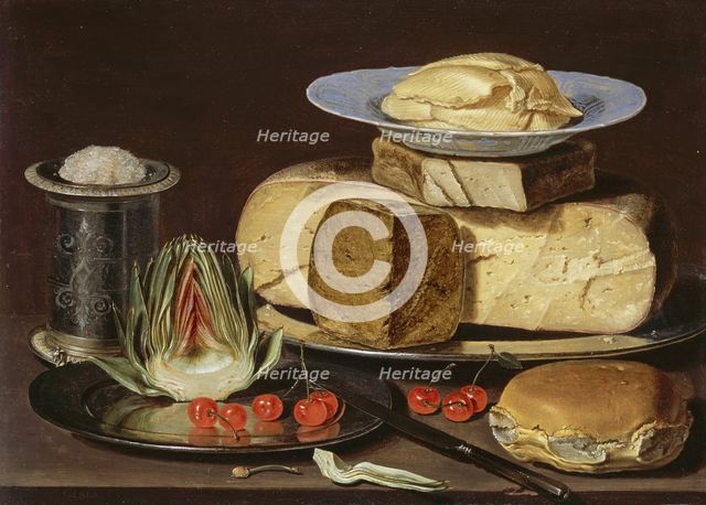 Still Life with Cheeses, Artichoke, and Cherries, ca 1625. Artist: Peeters, Clara (1594-1658)