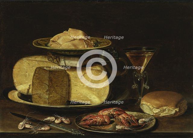 Still Life with Cheeses, Glas à la façon de Venise and crayfish on a pewter plate. Artist: Peeters, Clara (1594-1658)