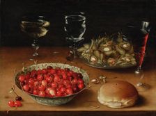 Still Life with Cherries in a Wanli Porcelain Bowl, Hazelnuts and Three Venetian Wine Glasses,1605-9 Creator: Beert, Osias, the Elder (ca. 1580-1624)
