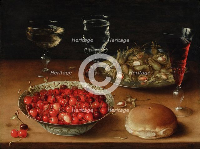 Still Life with Cherries in a Wanli Porcelain Bowl, Hazelnuts and Three Venetian Wine Glasses,1605-9 Creator: Beert, Osias, the Elder (ca. 1580-1624).