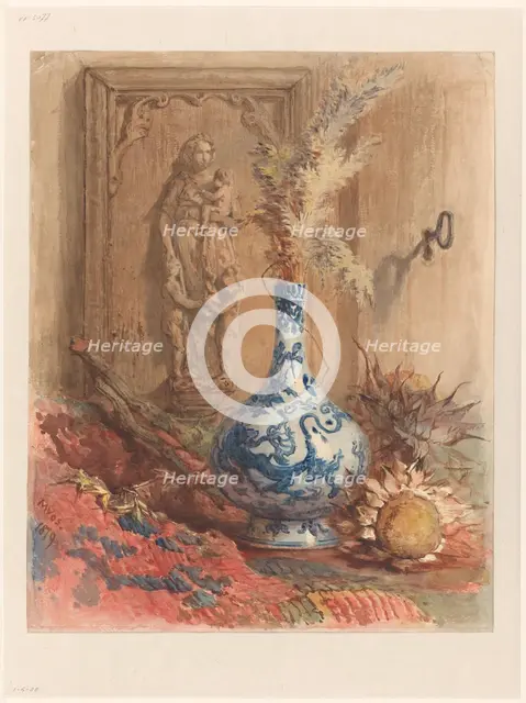 Still life with Chinese vase and dried sunflowers, 1879. Creator: Maria Vos.