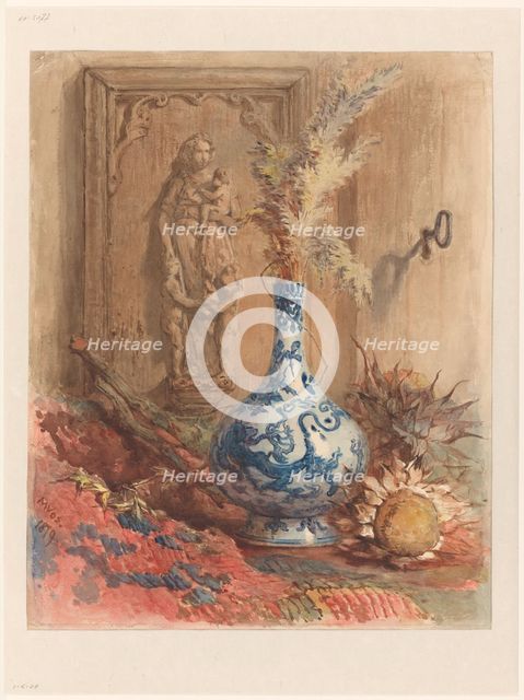 Still life with Chinese vase and dried sunflowers, 1879. Creator: Maria Vos.