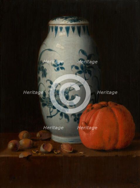 Still Life with Chinese Vase, Hazelnuts and Orange, c1630-1660. Creator: Simon Luttichuys.