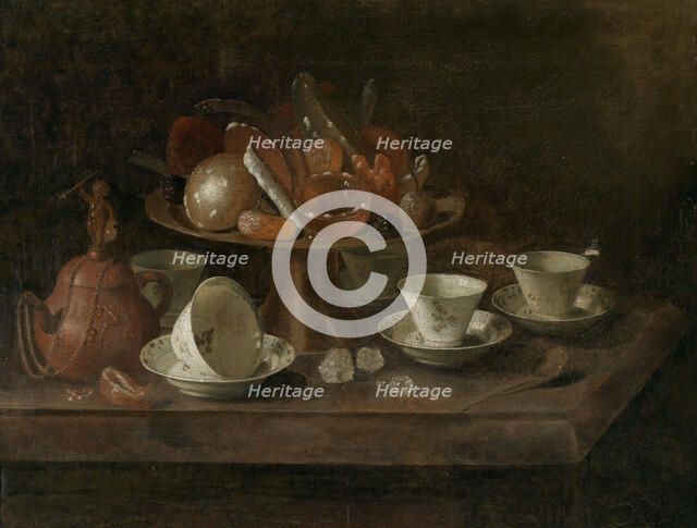 Still life with chocolate cups and a tazza with sweets, Mid of 17th cen. Creator: Roestraten, Pieter Gerritsz van (1630-1700).