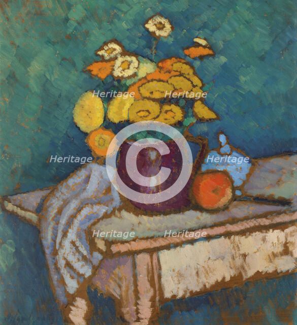 Still life with cloth, flowers in jug and apple, 1909-1910. Creator: Javlensky, Alexei, von (1864-1941).