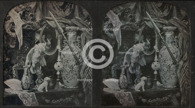 Still-Life with Cockatoo, Mirror, Ornamental Ball, Vases, and Lace, 1850s. Creator: Thomas Richard Williams.