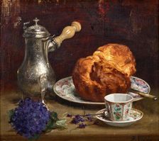 Still life with coffee pot, brioche, porcelain and bouquet of violets, . Creator: Huas; Pierre Adolphe (1838-1900)