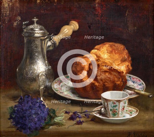 Still life with coffee pot, brioche, porcelain and bouquet of violets, . Creator: Huas; Pierre Adolphe (1838-1900).